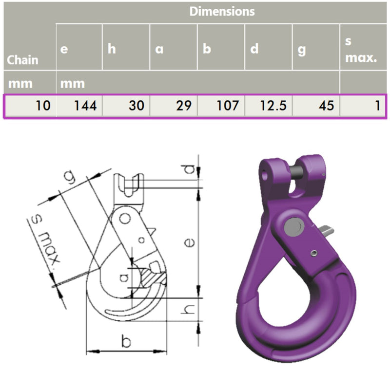 10mm G100 Self Locking Safety Clevis Hook with Dimensions