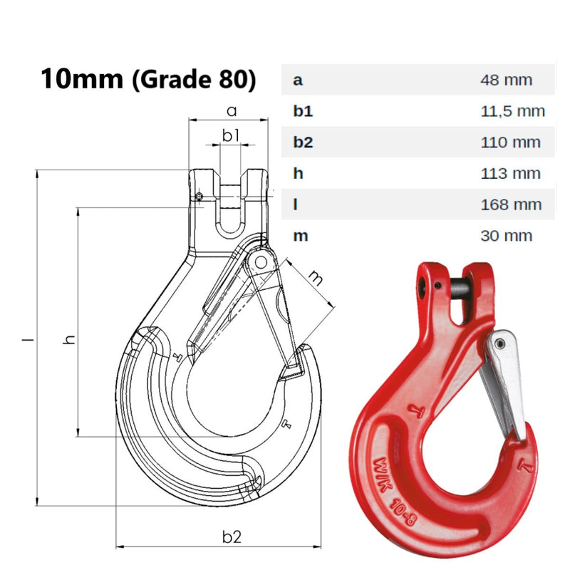 10mm Sling Latch Lock Clevis Hook Diagram with Dimensions
