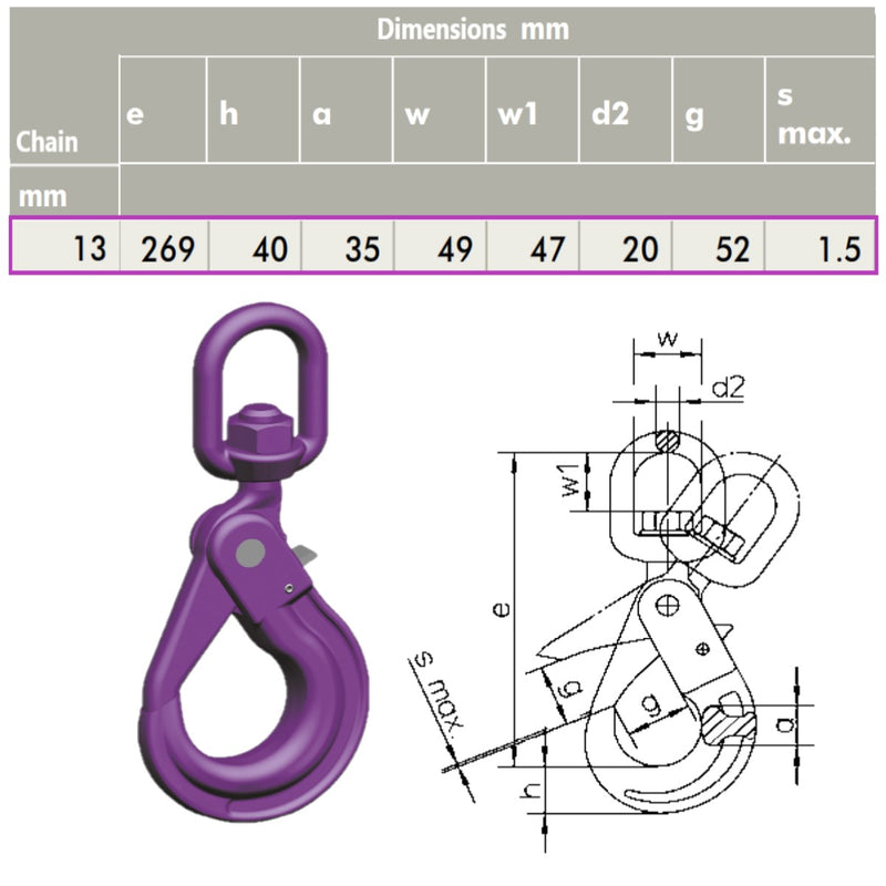 13mm G100 KWB Swivel Self Locking Safety Hook with Dimensions