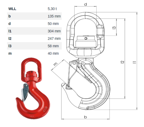 13mm Swivel Sling Latch Lock Hook With Bearing Diagram with Dimensions Opening of Hook Mouth