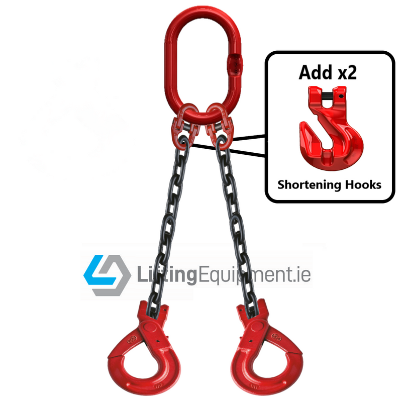 2 Leg 8mm Chain Grade 80 with Self Locking Safety Hooks with Grab Hook Shortener Shortening Hook
