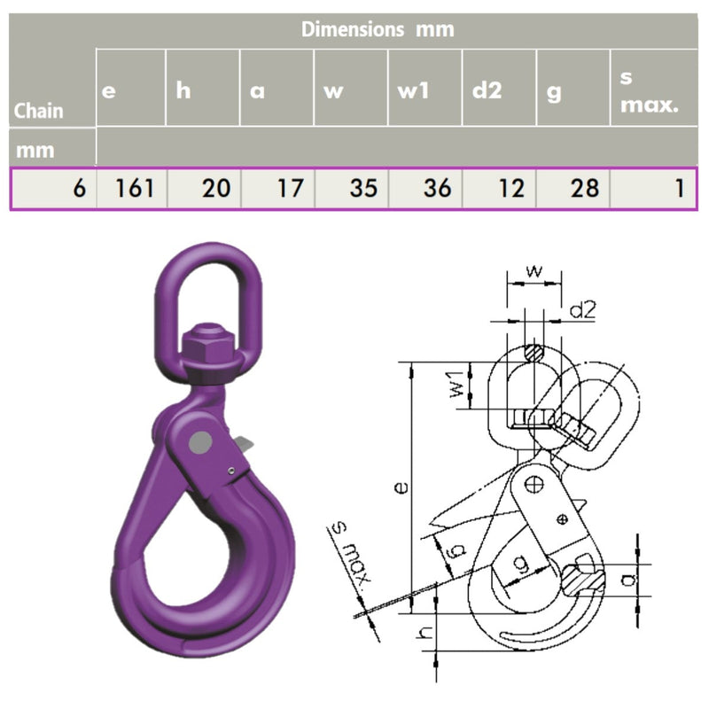 6mm G100 KWB Swivel Self Locking Safety Hook with Dimensions