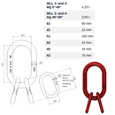 Red lifting hook with technical specifications and dimensions on a white background