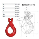 Red clevis hook with technical drawing and dimensions on a white background