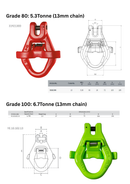 Grade 80 & Grade 100 Skip Chain Hooks Drawings and Dimensions