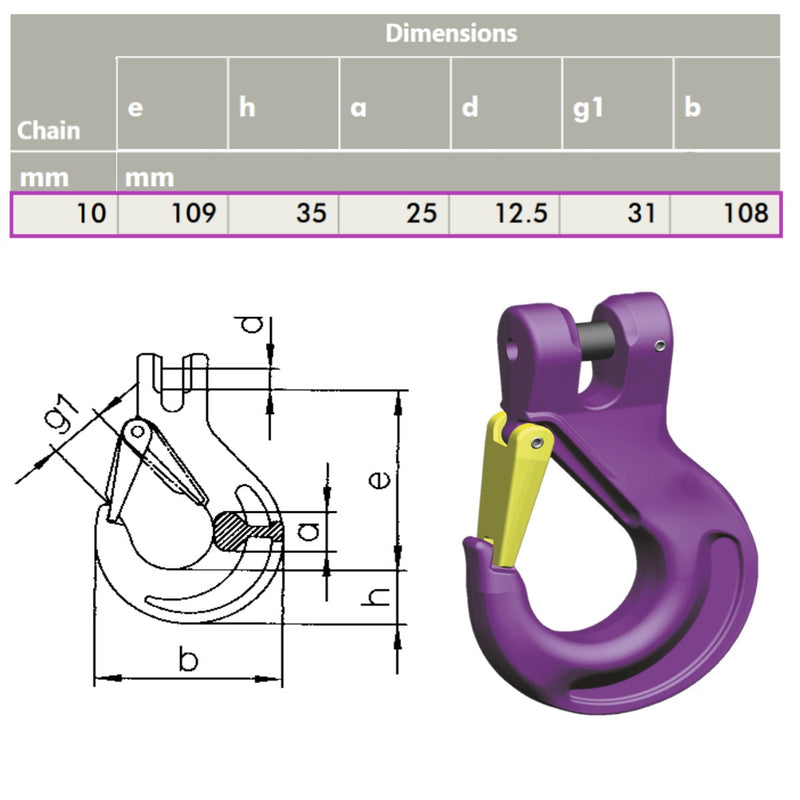 10mm G100 KWB Sing Latch Lock Hook with Dimensions