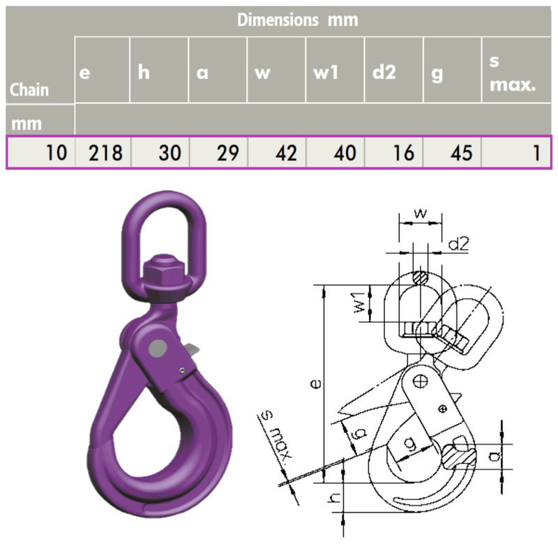 10mm G100 KWB Swivel Self Locking Safety Hook with Dimensions
