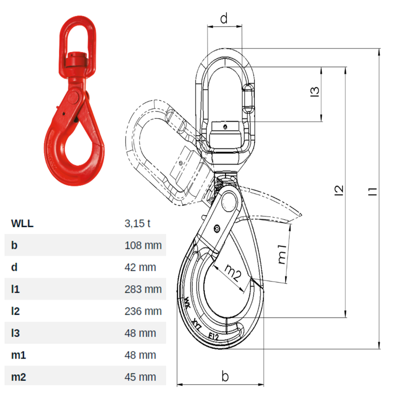 10mm Swivel Self Locking Safety Hook With Bearing Diagram with Dimensions Opening of Hook Mouth