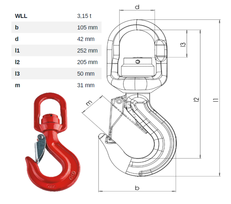 10mm Swivel Sling Latch Lock Hook with Bearing Dimensions