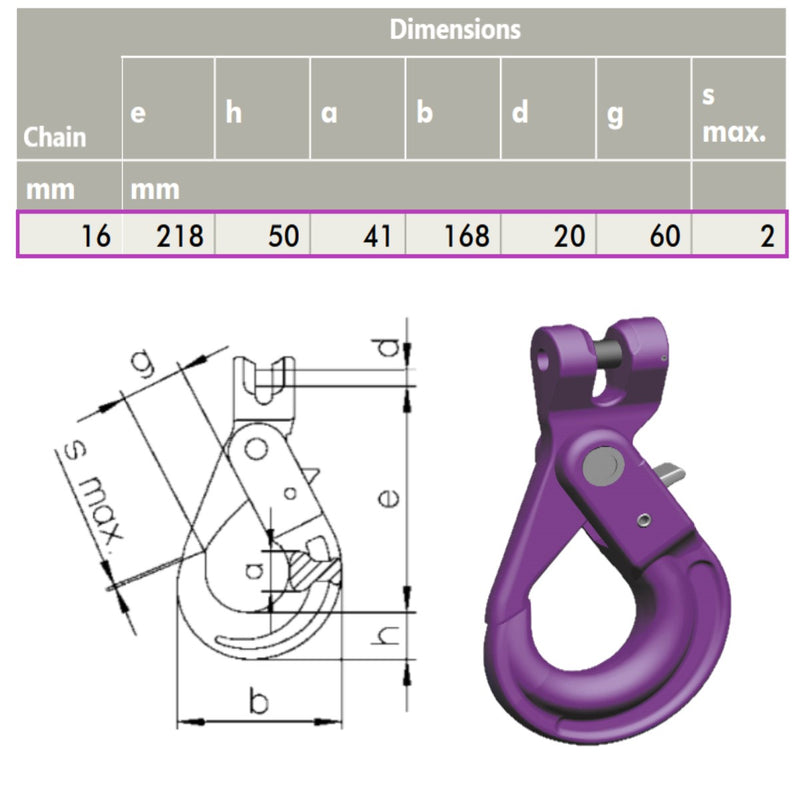 16mm G100 Self Locking Safety Clevis Hook with Dimensions