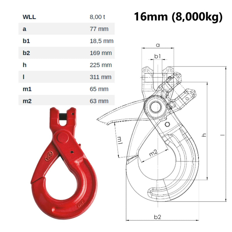 16mm Self Locking Safety Clevis Hook Diagram with Dimensions