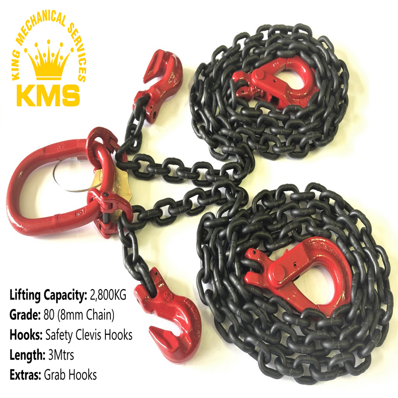 2 Leg Grade 80 8mm Lifting Chain @3mtrs complete with Safety Clevis Self Locking Hooks & Grab Hook Shorteners