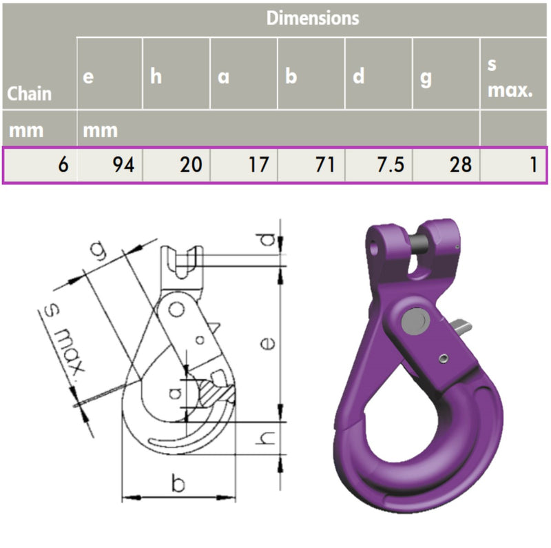 6mm G100 Self Locking Safety Clevis Hook with Dimensions