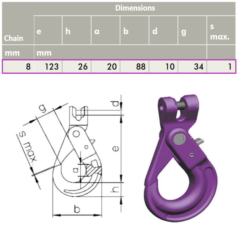 8mm G100 Self Locking Safety Clevis Hook with Dimensions