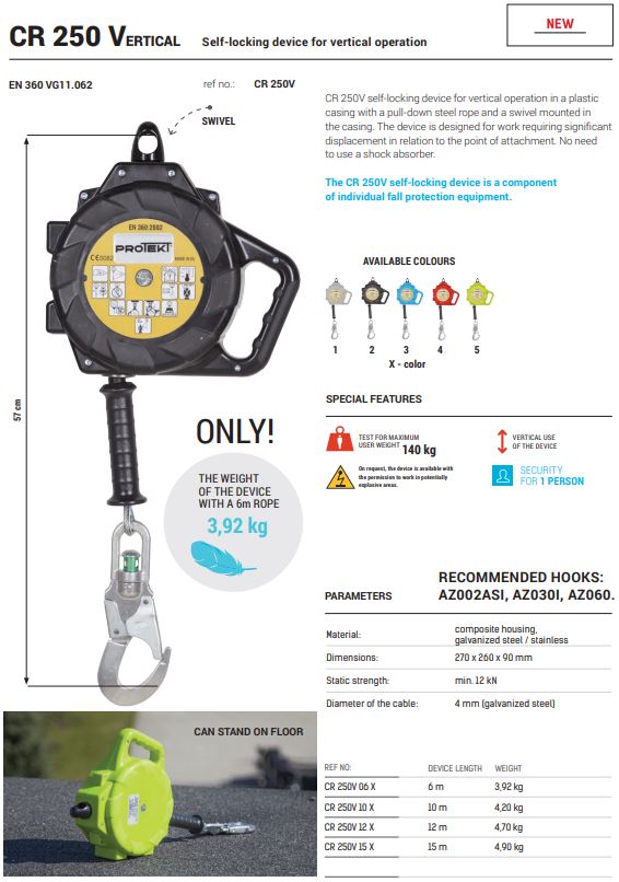 Retractor Rope Device CR 250 Vertical - Self Locking Steel Cable Retractor