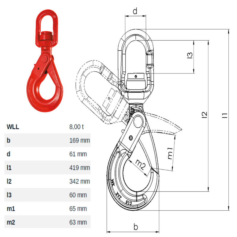 Swivel Self Locking Safety Hook With Bearing Diagram with Dimensions Opening of Hook Mouth